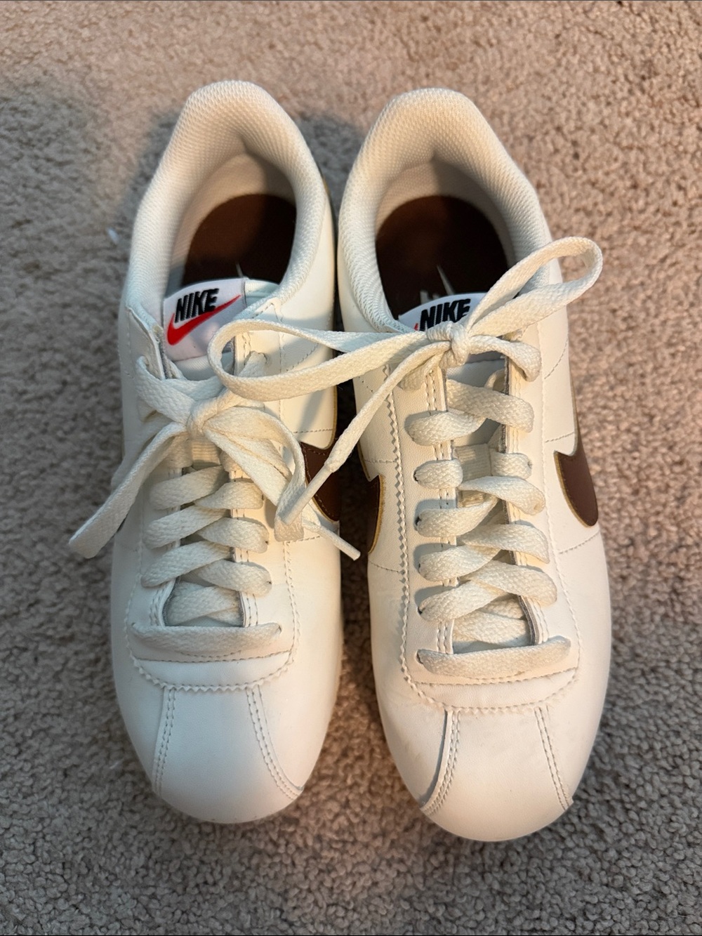Nike Cortez Nike Cream Leather Sneakers with Brown Swoosh